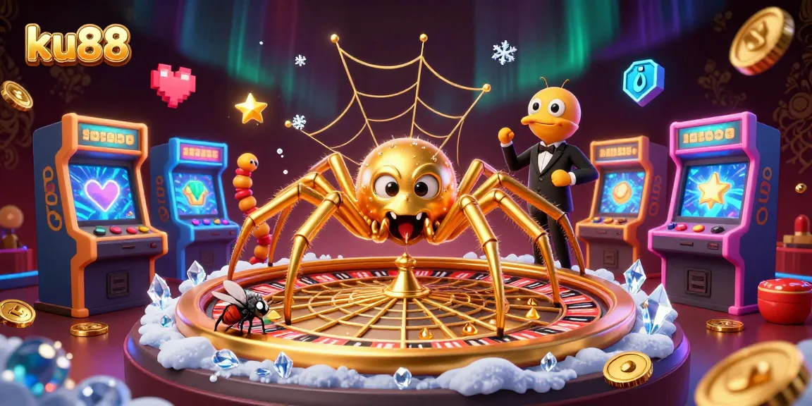 ku88 spider spinning a roulette wheel web; interactive and vibrant casino concept