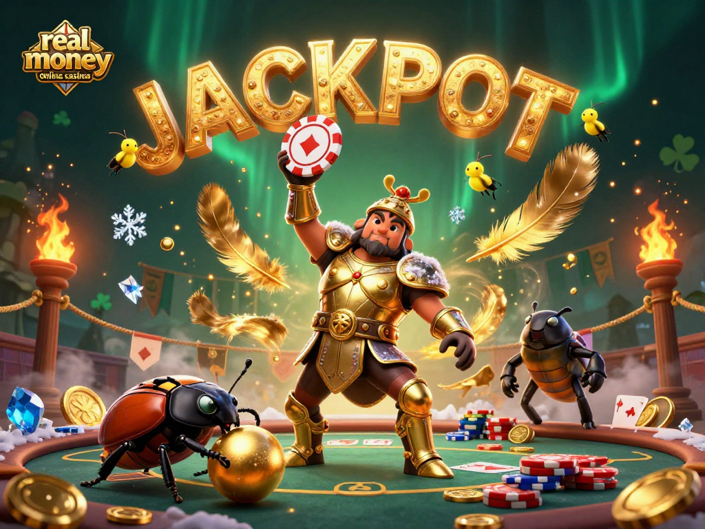 Engaging scene of the real money online casinos illustrated with hercules beetle, poker chips, and ambient light.