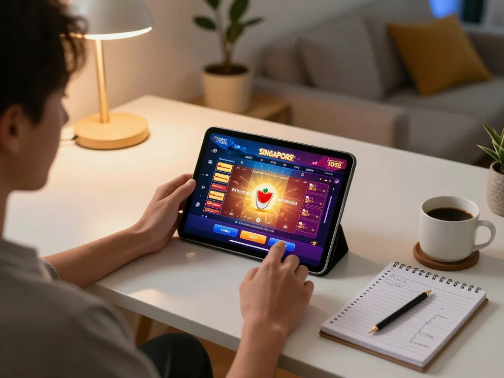 Engaging in Togel Singapore online gaming from a comfortable home setup with strategic notes visible.