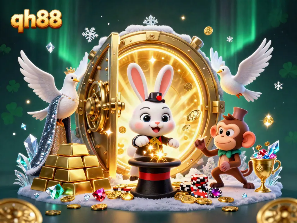 Experience thrilling wins with qh88’s magical casino adventure featuring a rabbit, dove, and monkey.
