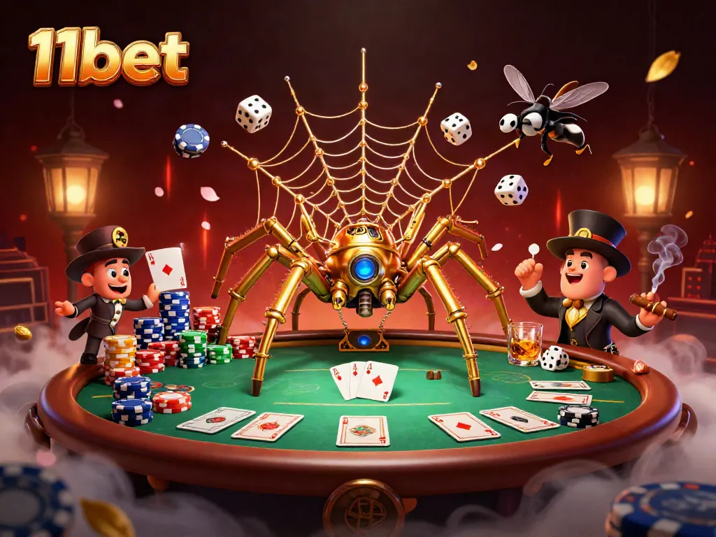 Engaging scene showcasing 11bet with a golden spider and poker elements in an immersive casino atmosphere.