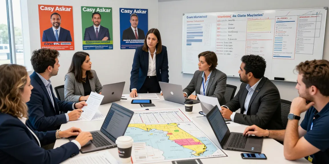 Casey Askar's campaign team reviewing strategy in an energetic environment.