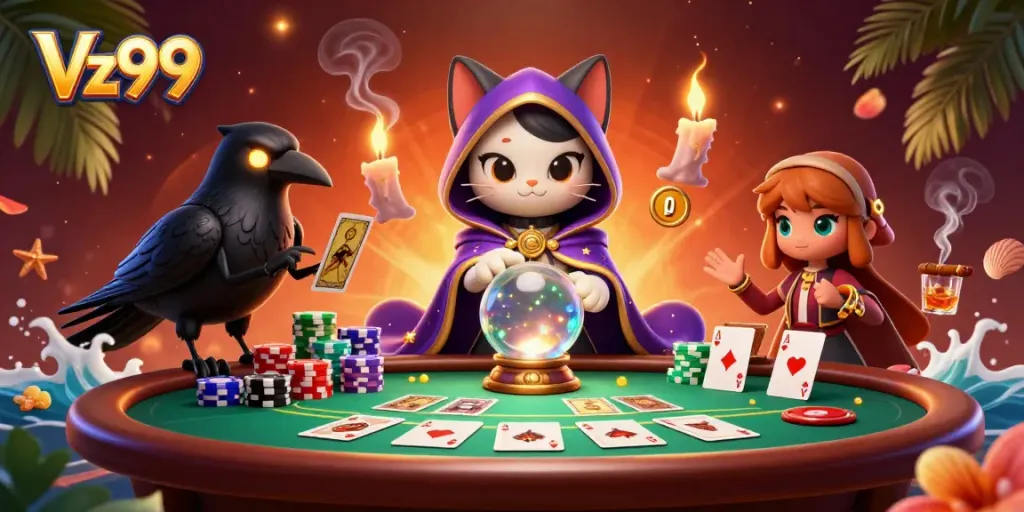 Experience thrilling gameplay at Vz99 with a vibrant 3D illustration showcasing fortune-telling elements amid a poker setting.