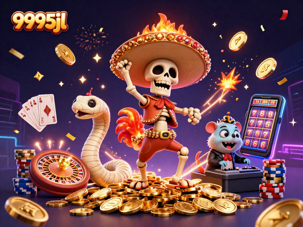 Join the celebration at 9995jl with a lively 3D casino illustration featuring vibrant characters and sparkling elements.