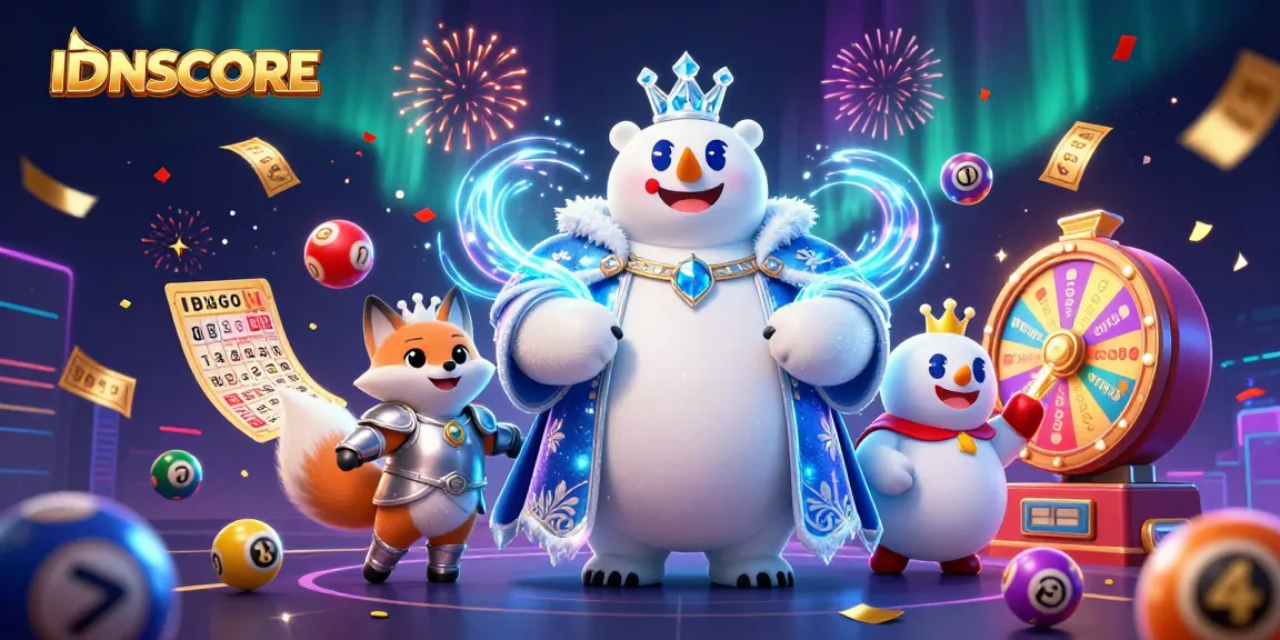 Experience winning moments at IDNSCORE with vibrant lottery elements, a polar bear, and a snow fox.