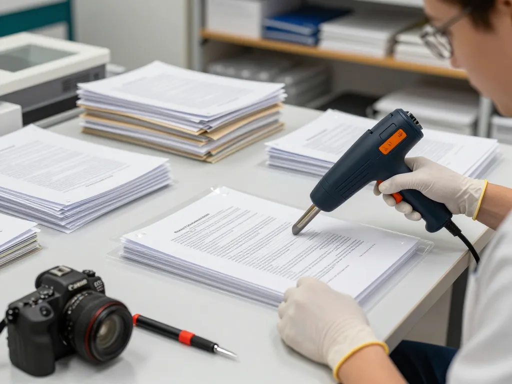 Bóc giấy ép uy tín hà nội with expert technician restoring important documents in a professional workshop