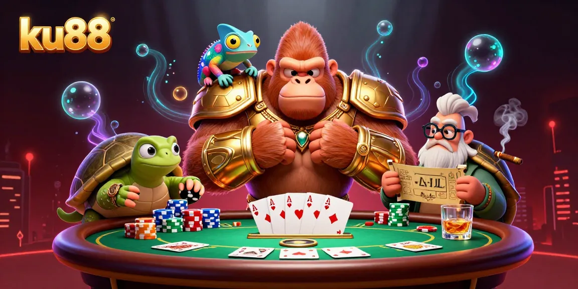 Engage in strategic poker action at ku88 with vibrant characters and casino elements.