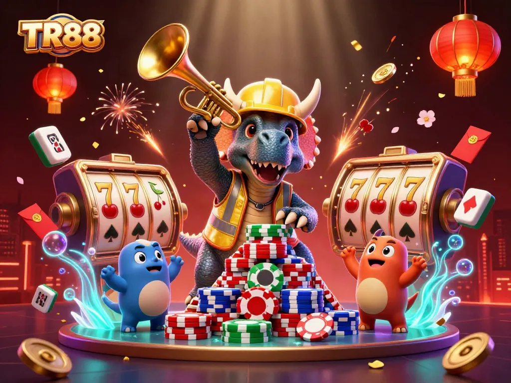 Experience TR88 action with a triceratops stacking poker chips in a vibrant casino celebration.