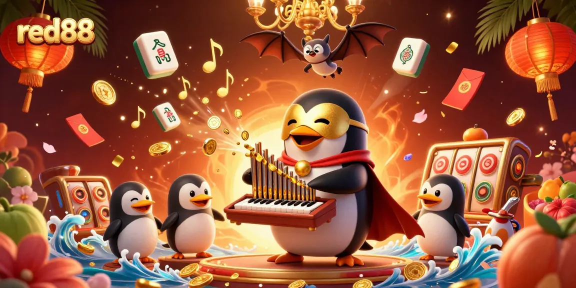 Engage in captivating red88 casino fun with a vibrant 3D penguin and dynamic slot game elements.