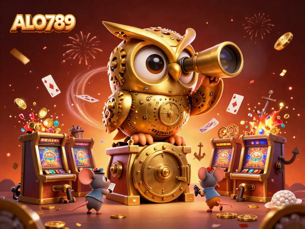 Experience thrilling moments with ALO789 as a golden owl observes a lively casino scene.