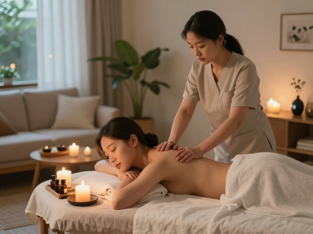 Young woman experiencing 노원출장마사지 in a calm and serene home setting.