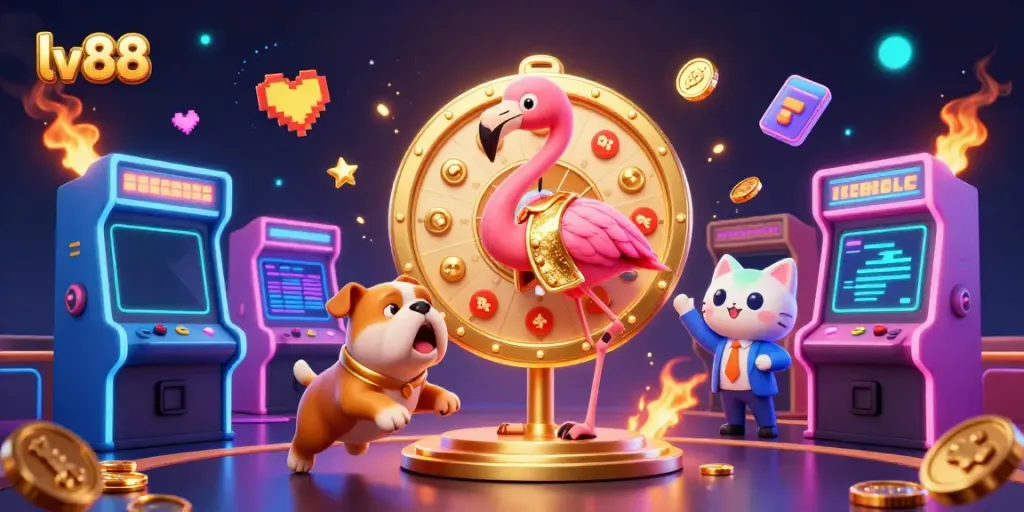 Join the excitement at lv88 as a flamingo game show host spins a golden prize wheel!