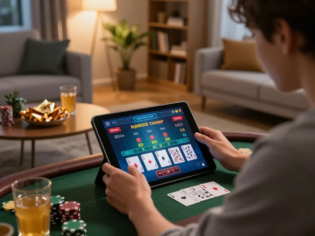 Engaged player immersed in blackjack gameplay on the tablet, highlighting the 88clbgo experience in a cozy home setting.