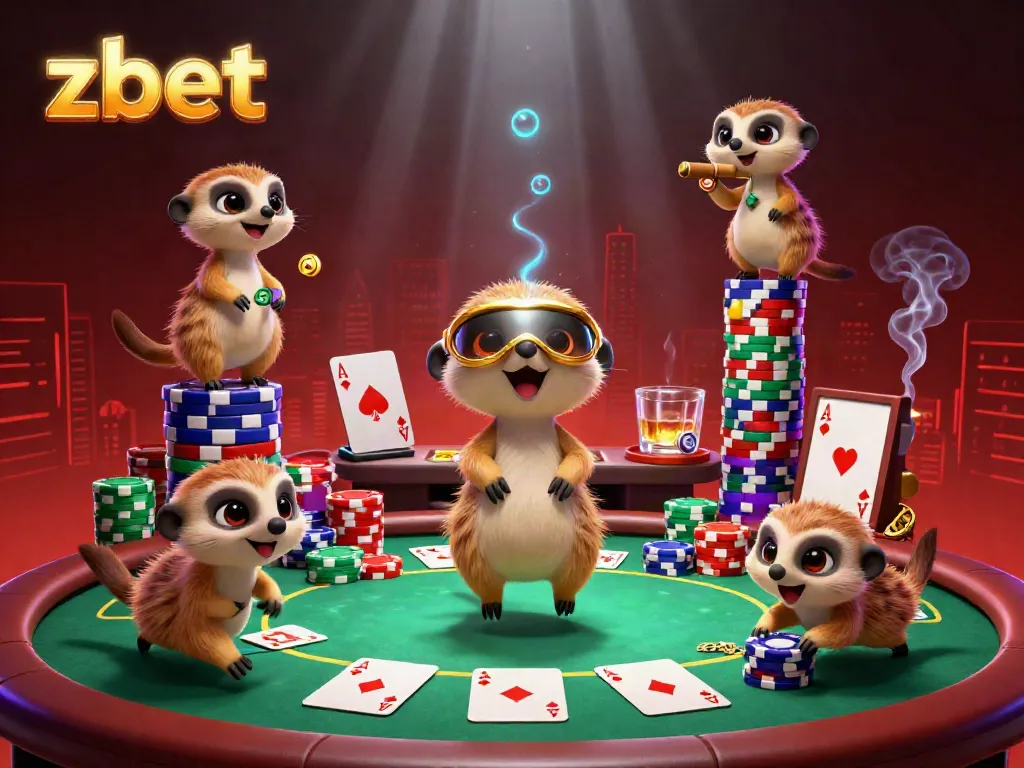 Zbet highlights a meerkat casino scene where action-packed players engage around poker tables under vibrant lights.