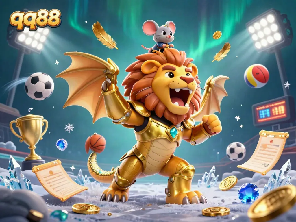Experience exciting bets at qq88 with innovative games and dynamic sports elements surrounding a triumphant chimera creature.