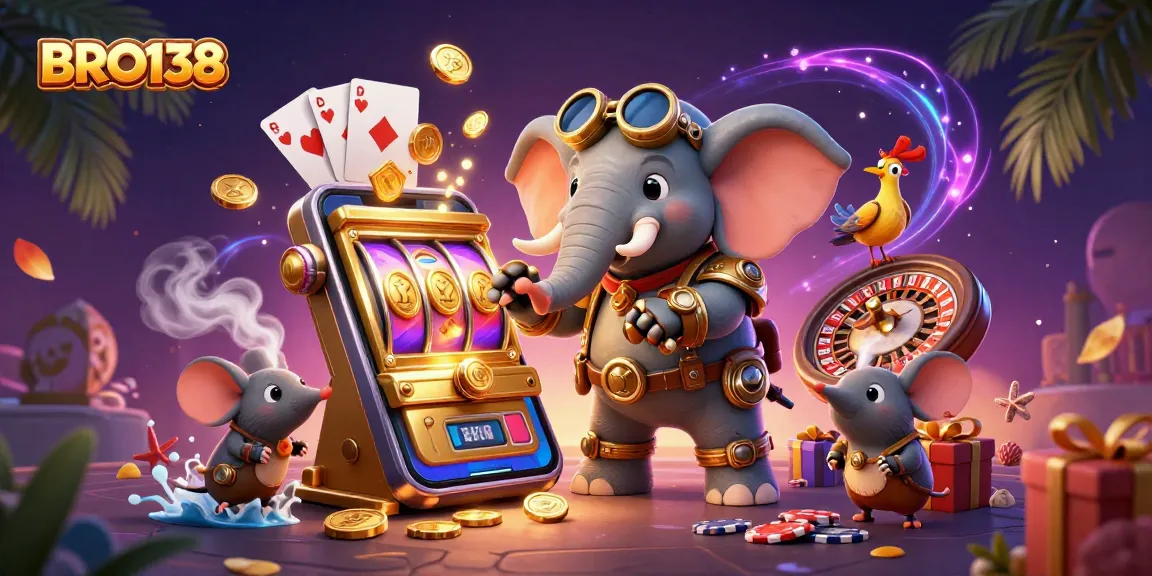 Experience thrilling slots at BRO138 with an engaging steampunk scene filled with vibrant gaming elements.