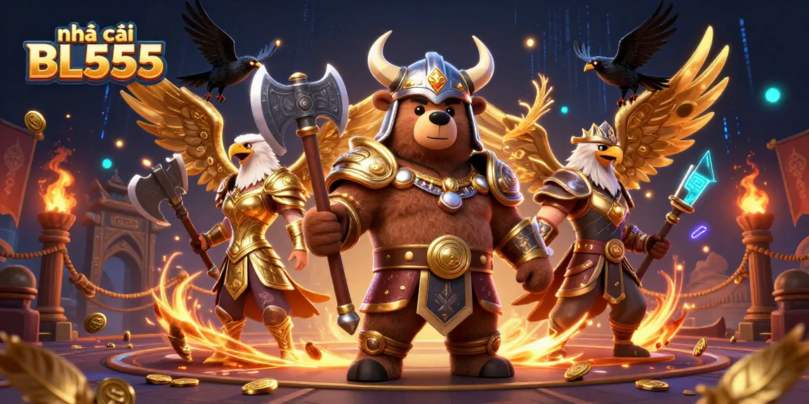 Action-packed scene showcasing nhà cái BL555's Viking bear and Valkyrie eagle in an exuberant gambling environment.