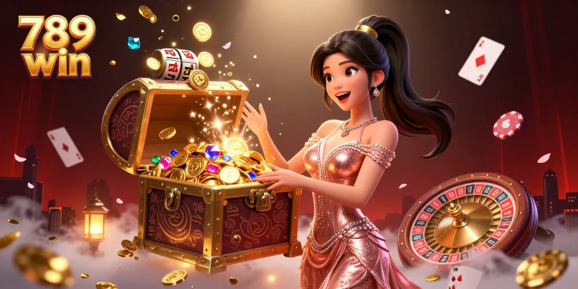 Experience the thrill of 789 win as a stunning woman unveils treasures in a vibrant casino scene.