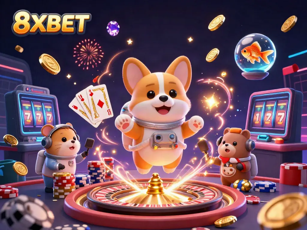 Experience excitement at 8XBET with a fun space-themed casino scene showcasing a floating corgi and vibrant casino elements.