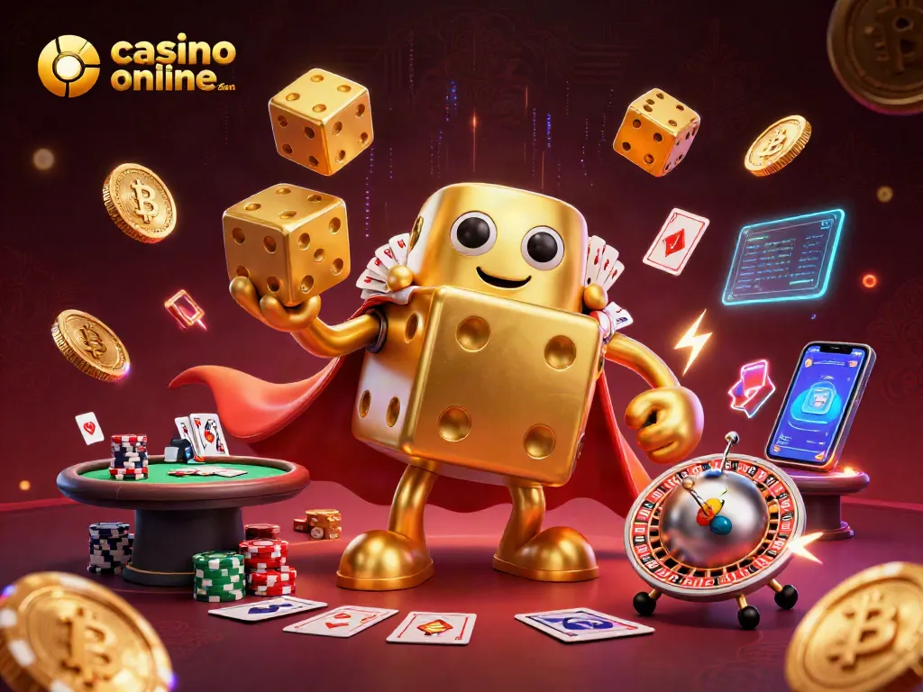 Disfruta de la emoción de casino online español con un golem de dados dorados en acción y elementos de póker.