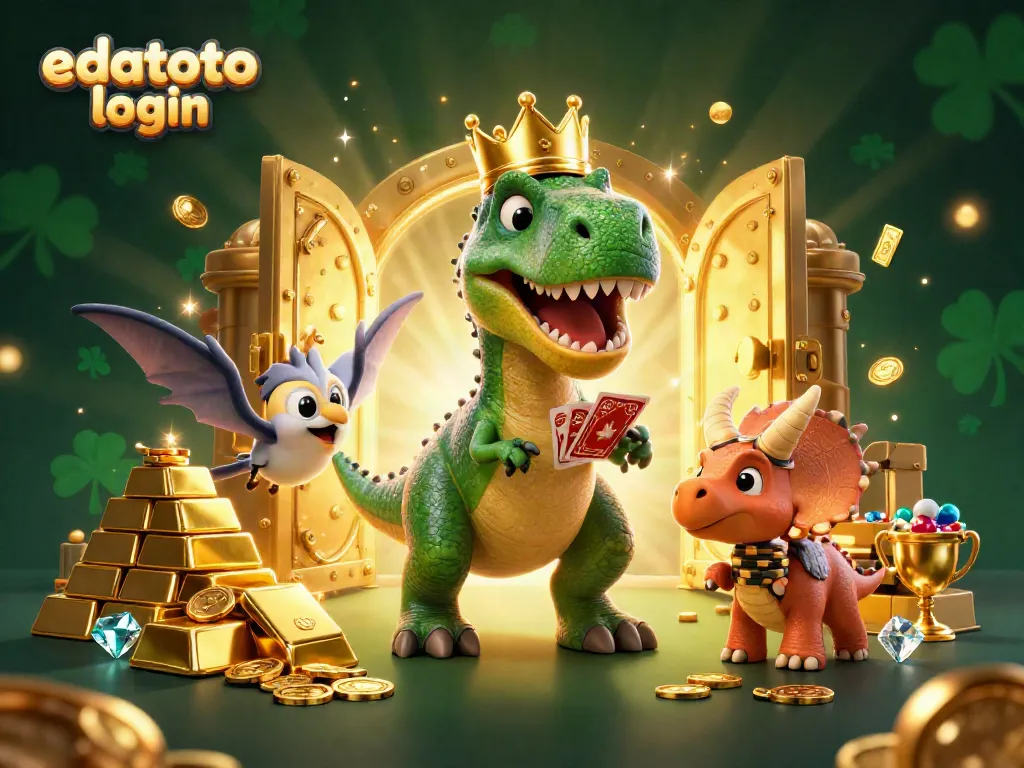 Engage in thrilling edatoto login action surrounded by treasure, card games, and cheerful dinosaurs.