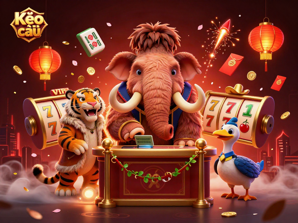 Kèo nhà cái illustration featuring a woolly mammoth checking IDs with a saber-tooth tiger and dodo, surrounded by vibrant casino elements.