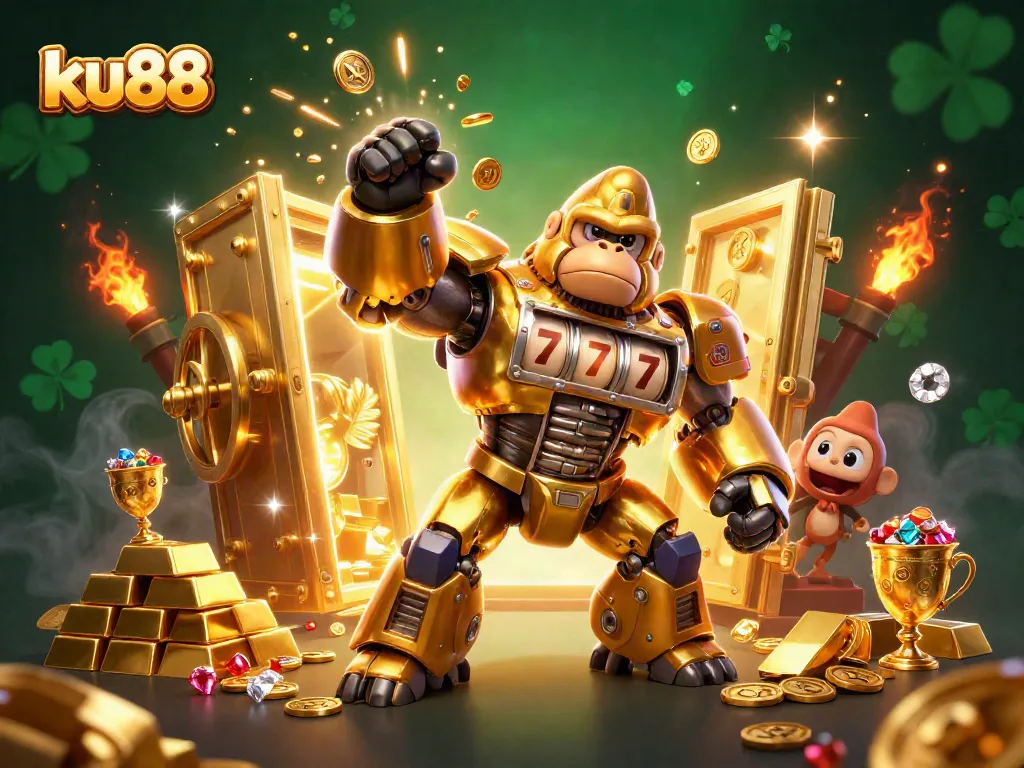 Experience thrilling adventures with ku88, featuring a golden gorilla mech amidst sparkling treasures.