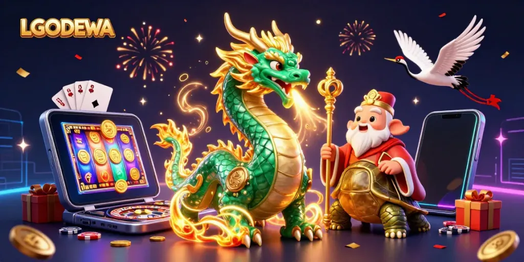 Play exciting slot games with LGODEWA featuring a jade dragon and lucky cranes for thrilling wins.