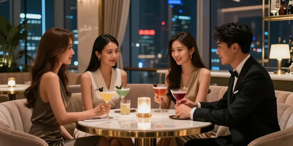 강남세이렌 쩜오에서 우아하게 칵테일을 즐기는 모습이 담긴 이미지
