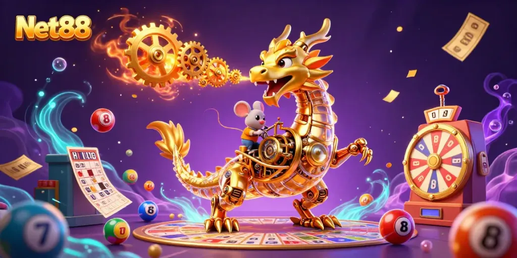 Experience the excitement of Net88 with a vibrant 3D scene featuring a golden dragon and engaging game elements.