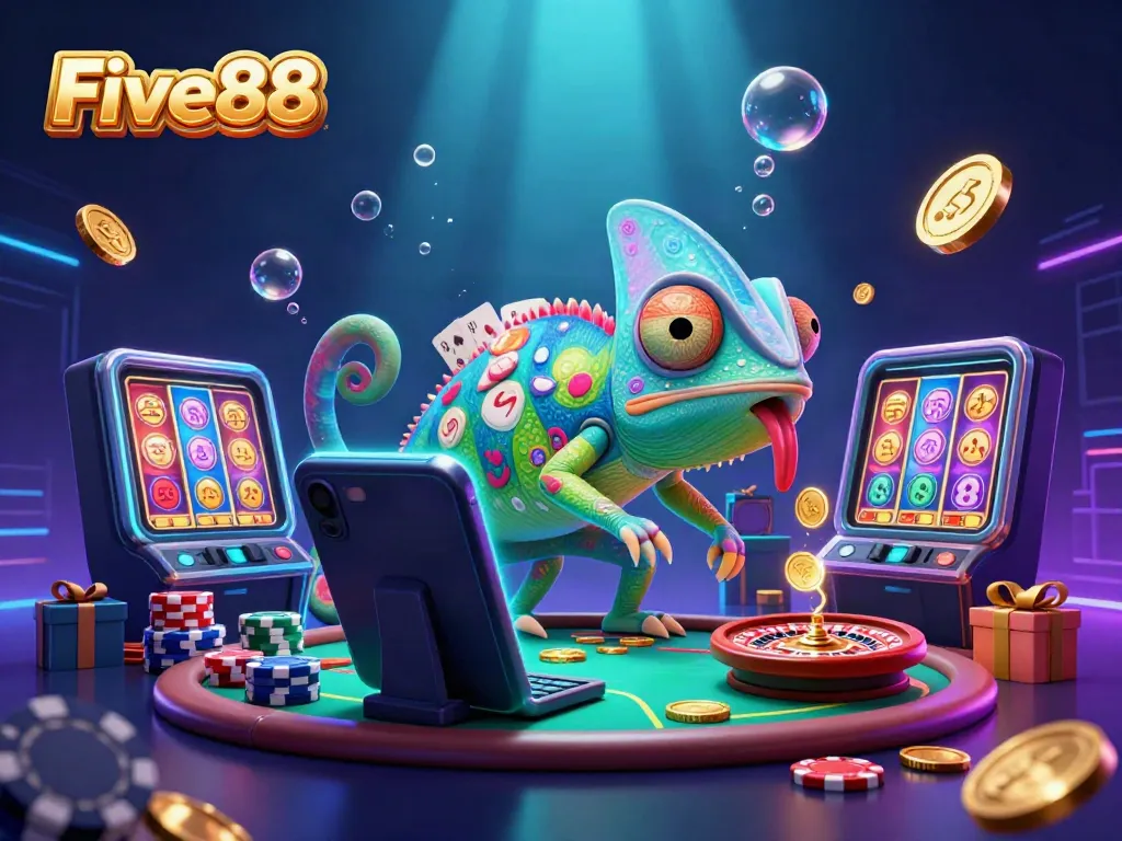 Five88 chameleon casino owner catching coins, surrounded by vibrant gambling elements.
