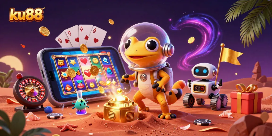 ku88 casino adventure featuring a gecko and robot on Mars with colorful gaming elements