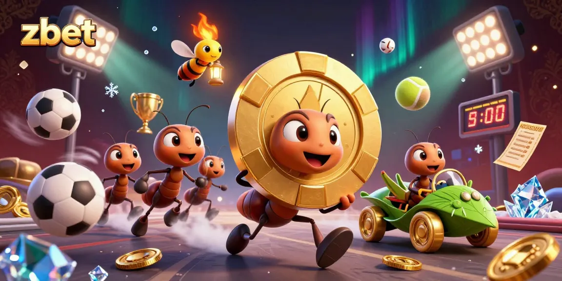 Engage with zbet's thrilling gambling adventures featuring cartoon ants and a unique golden poker chip.