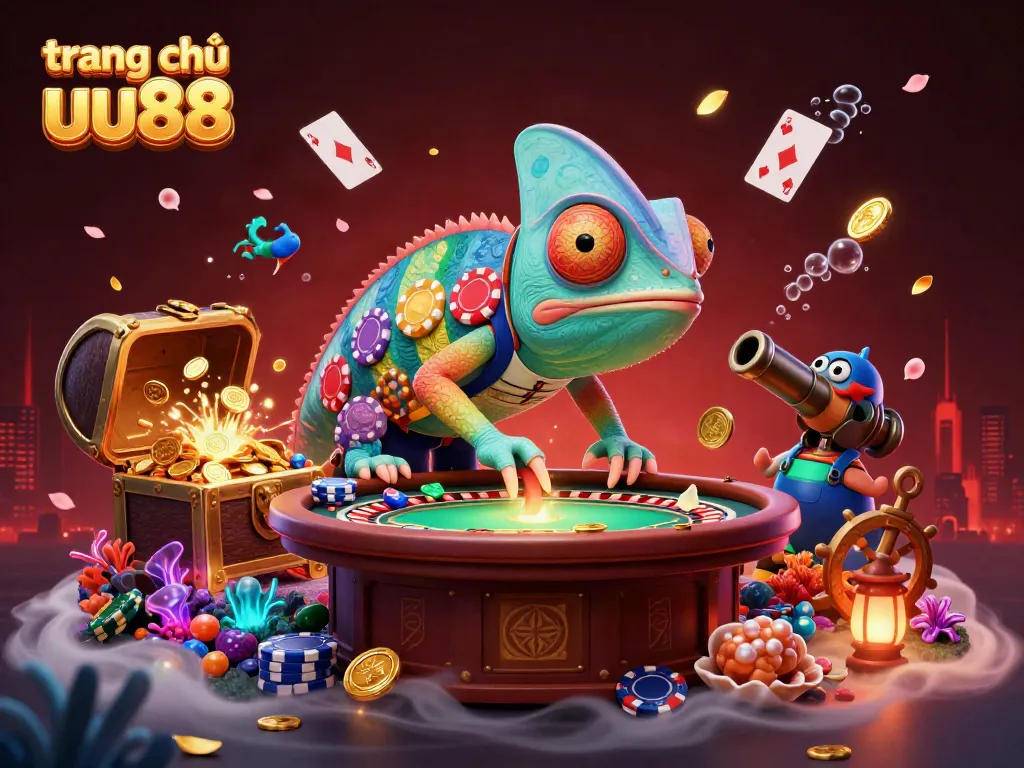 Visualize the vibrant world of trang chủ uu88, where a colorful chameleon casino owner delights players amidst treasure and games.
