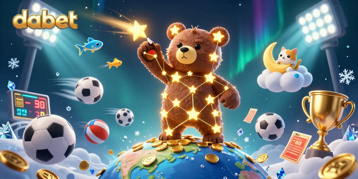 Engage with dabet's vibrant casino universe as a constellation bear collects coins amidst dynamic sports elements.