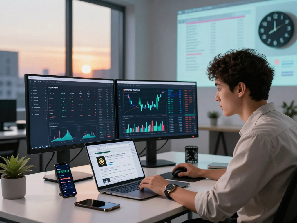 Kyber-swap trading interface in a modern tech workspace with cryptocurrency charts, young professional analyzing token swaps