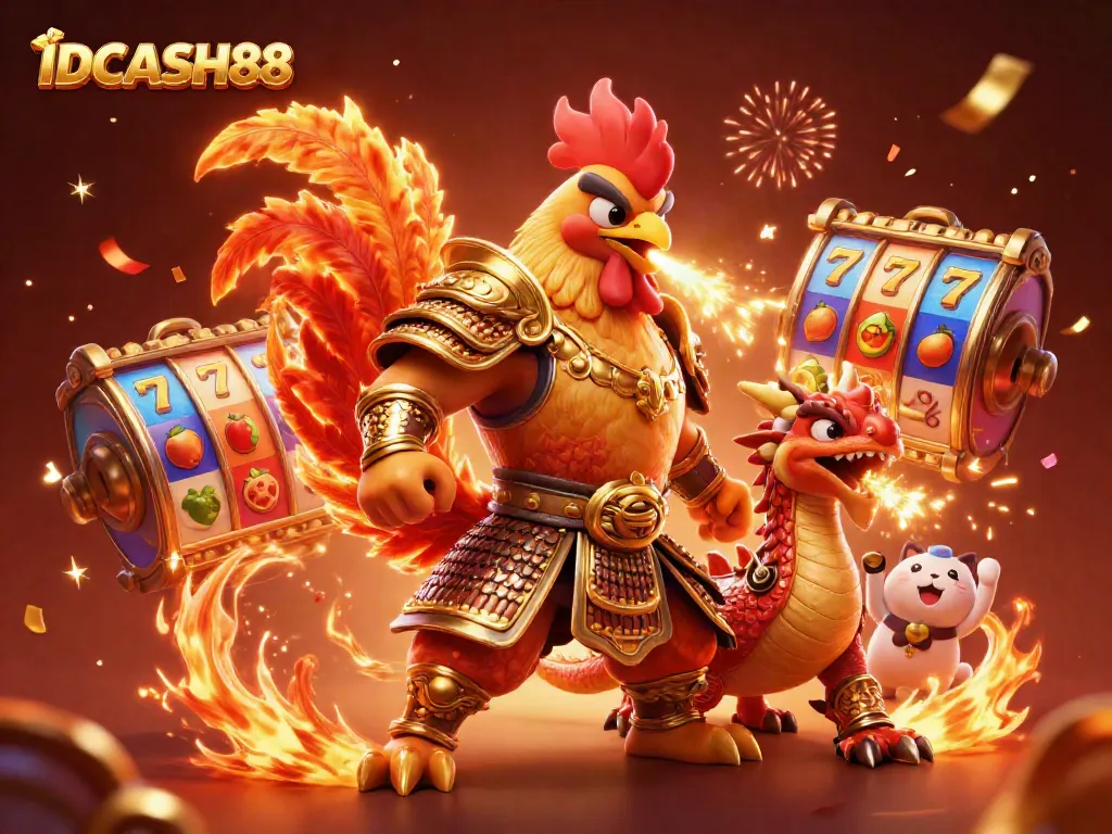 Spin to win at IDCASH88 with dynamic slot reels and vibrant casino elements in a festive setting.