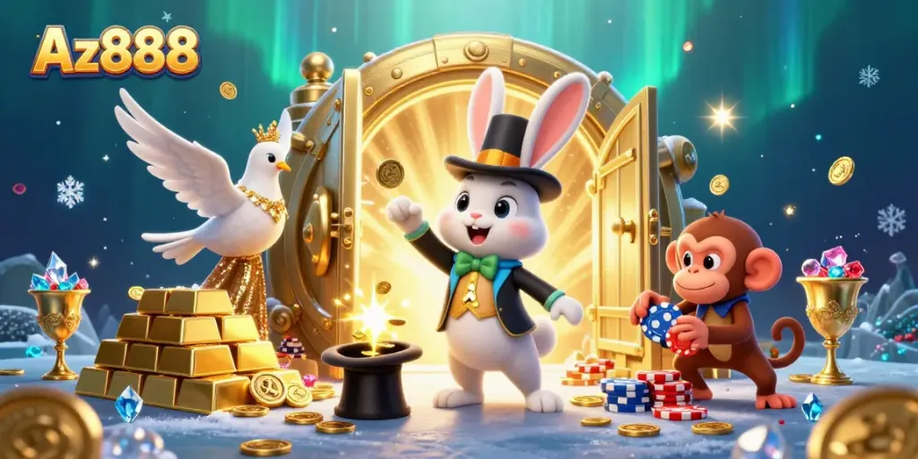 Experience thrilling gameplay with Az888's vibrant illustration featuring a magician rabbit and playful monkey.
