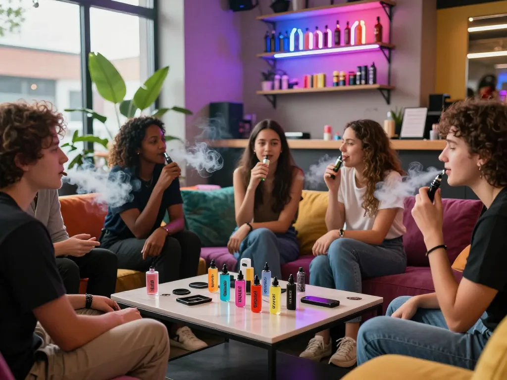 Group enjoying Clean Carts 2g Disposable in a vibrant vaping lounge, showcasing flavors and social atmosphere.