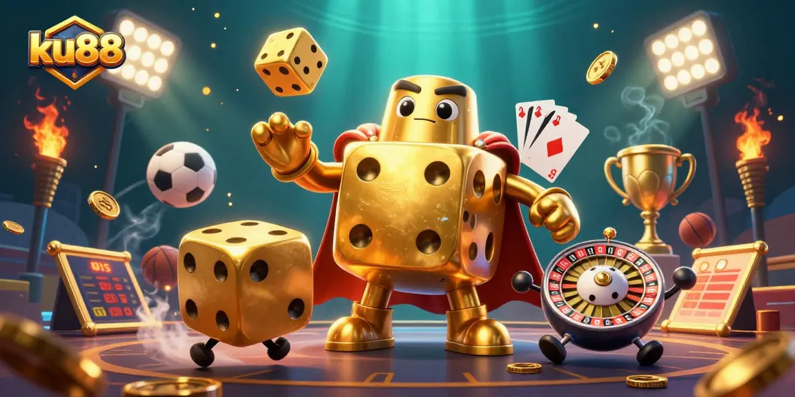 Engage with ku88's vibrant casino scene featuring a golden dice golem and sports elements.