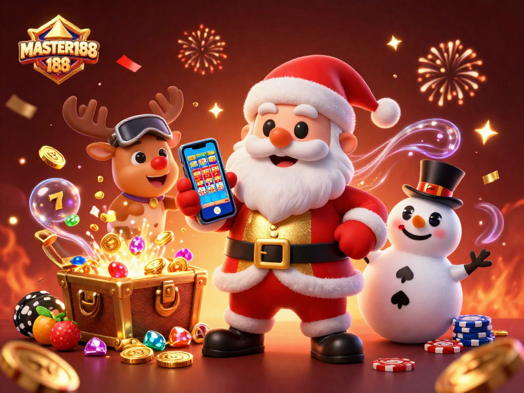 Engage with MASTER188 and its vibrant casino world featuring Santa Claus and friends celebrating jackpots.