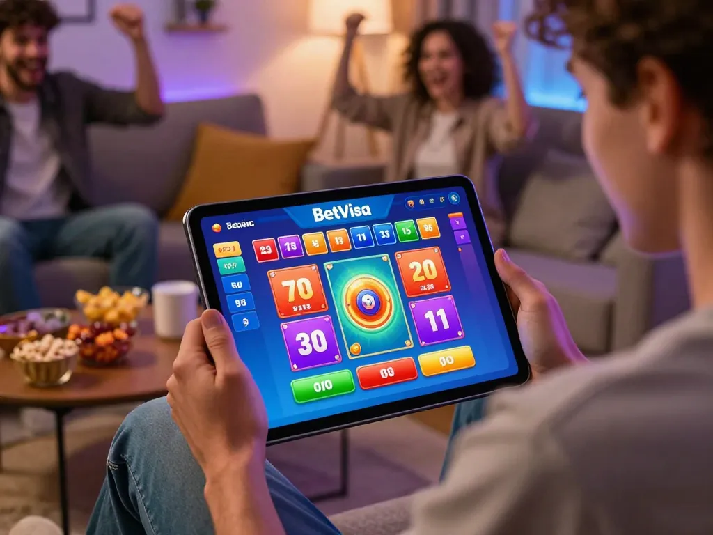 Player enjoying BetVisa lottery games on tablet surrounded by friends and snacks.