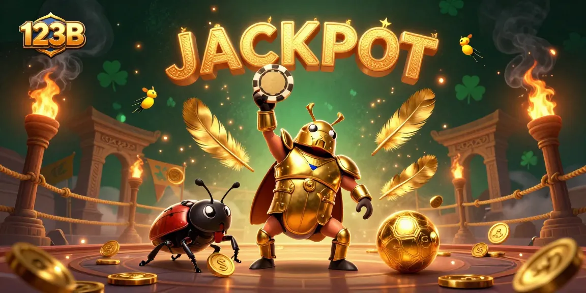 Engaging 123B gaming scene showcasing a heroic beetle lifting a poker chip while celebrating a jackpot win, surrounded by golden elements.