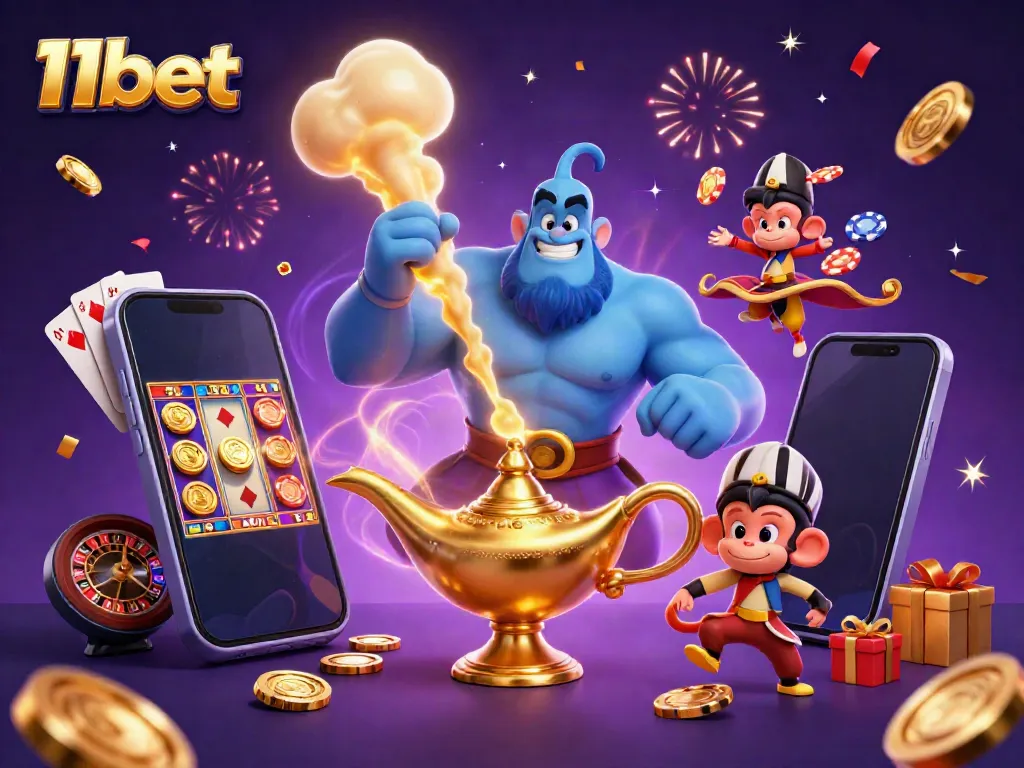 Experience the magic of 11bet with a blue genie and Aladdin monkey in a vibrant casino setting.