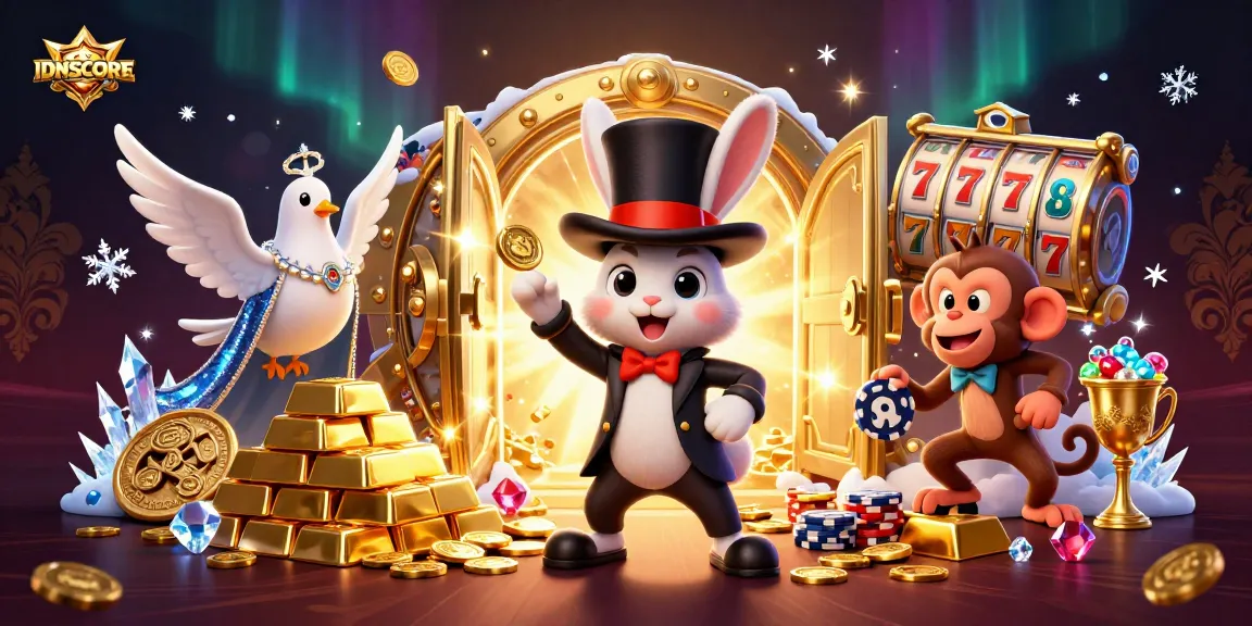 IDNSCORE showcases a vibrant scene with a magician rabbit, glamorous dove, and monkey, amidst slot reels and treasures.