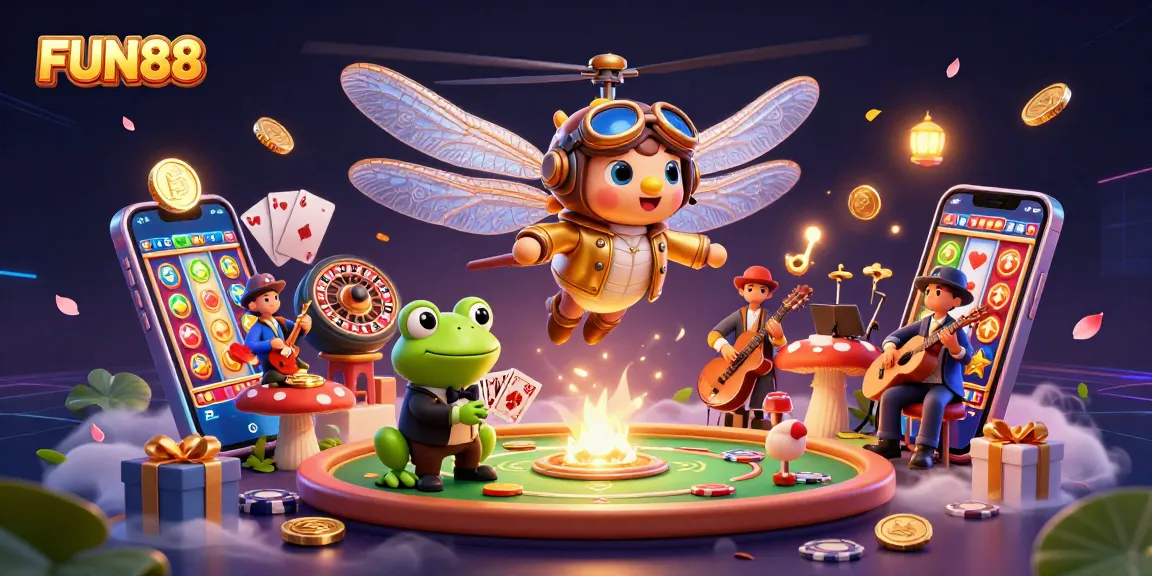 Experience thrilling gameplay at FUN88 with a dazzling scene of 3D fantasy characters, vibrant slots, and casino classics.