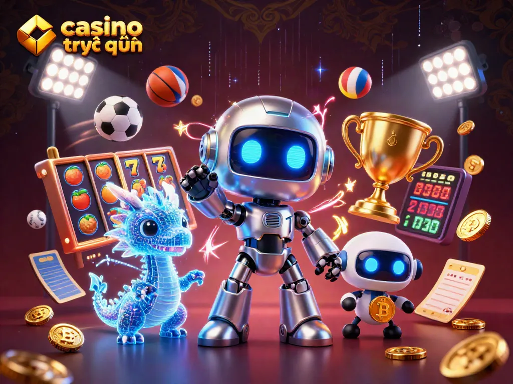 Khám phá sòng bạc trực tuyến với robot và biểu tượng bitcoin trong thế giới 3D sinh động