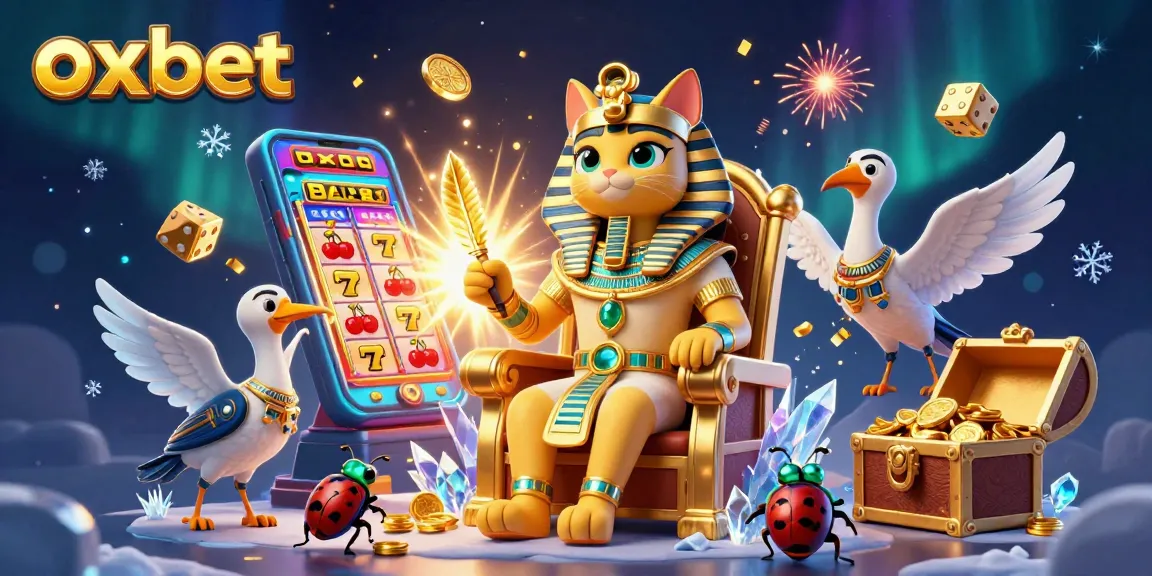 Play thrilling slots on oxbet featuring a pharaoh cat and 3D slot machine bursting with coins.