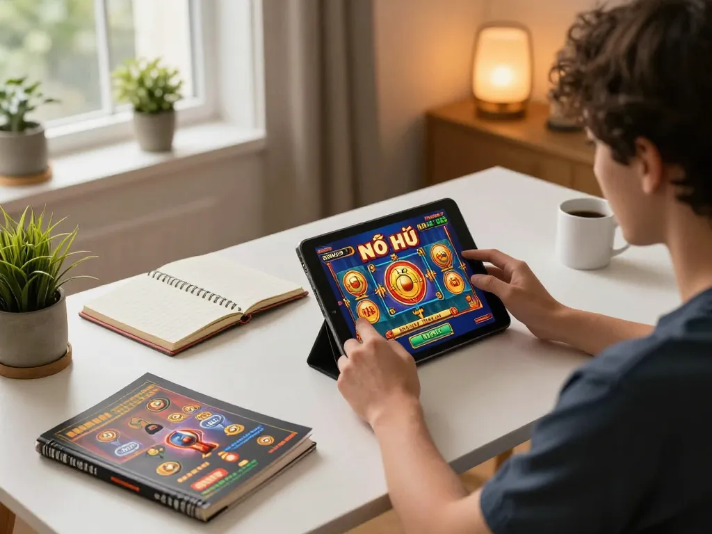 Nổ Hũ gameplay on tablet with strategy guides in a cozy home setting.