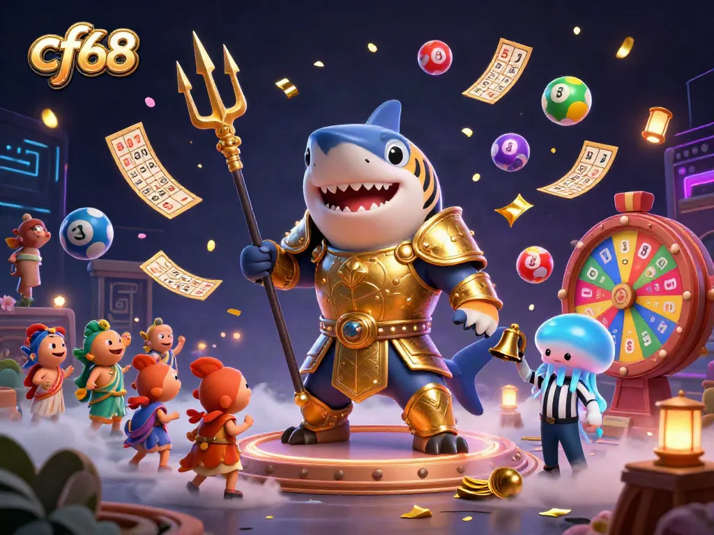 Engage with cf68 in an exciting underwater casino scene featuring a tiger shark and colorful game elements.